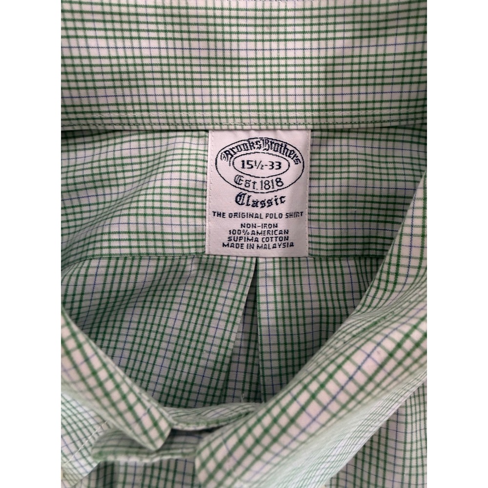 Brooks Brothers Classic Non-Iron Shirt 15.5 33 Green Tattersall Supima Cotton